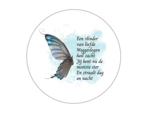 Rouwsticker “Een vlinder van liefde” – 4 cm met blauwe tint en vlinder