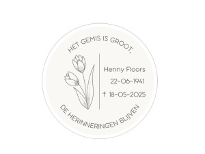 Rouwsticker “Het gemis is groot” – 4 cm, beige achtergrond, met naam en data (24 stuks per vel)