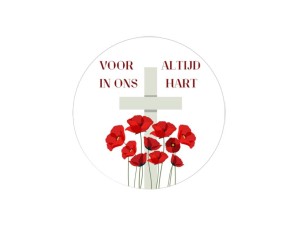 Rouwsticker “Voor altijd in ons hart” – 4 cm met wit kruis en klaprozen